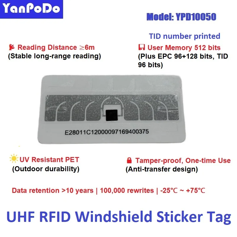 10PCS TID Number Printed UV Resistant UHF Vehicle Windshield Anti-tear Sticker Passive Adhesive RFID Tag for Car Parking Access
