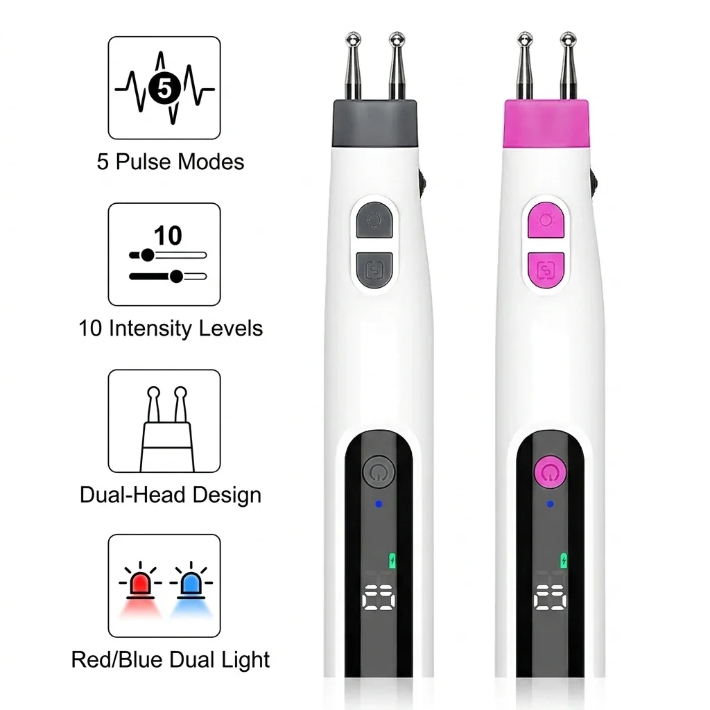 Dual Head Massage Pen, 5 Modes 10 Levels Pulse Body Massager with Red Blue Light, Rechargeable Acupressure Point Massage Tool