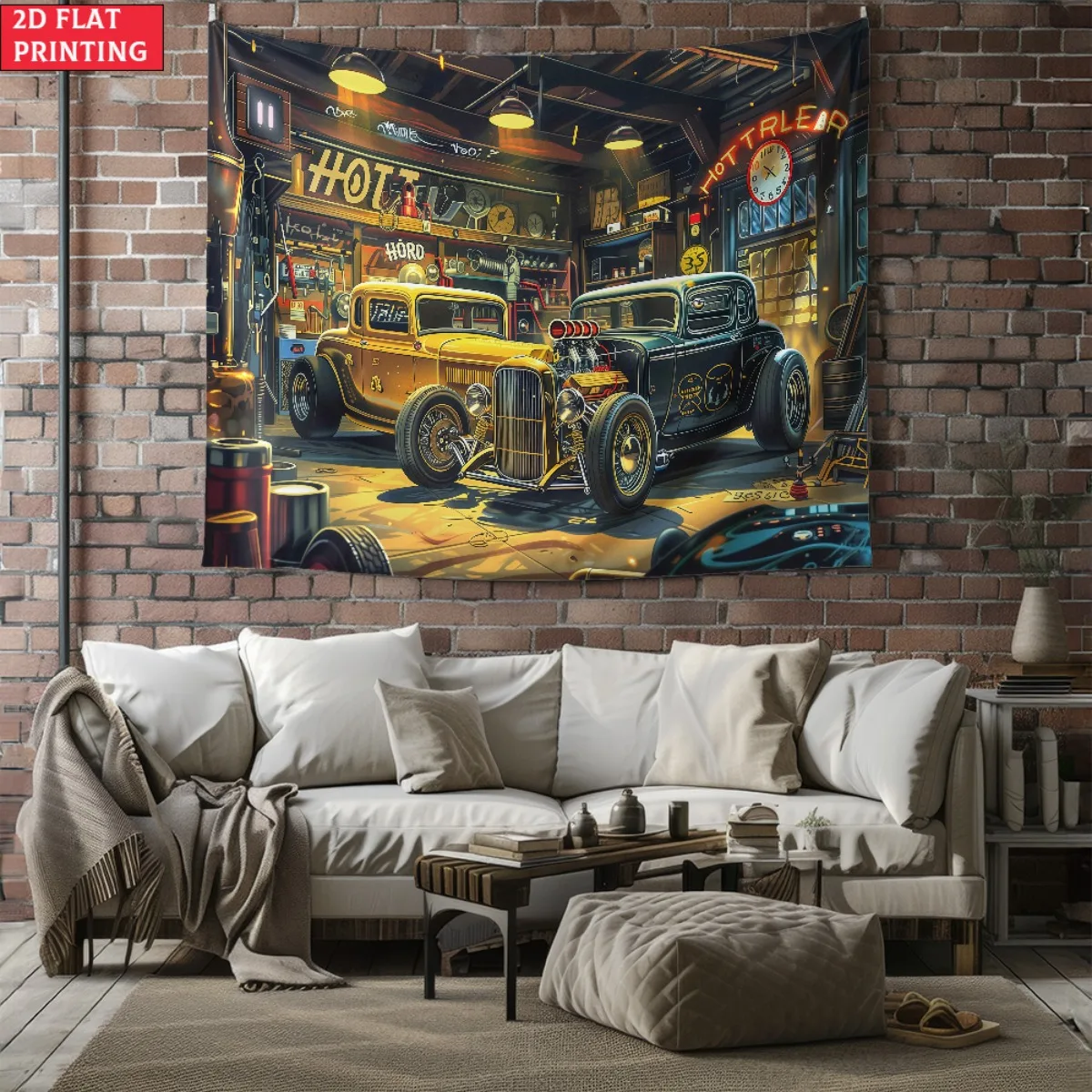 Vintage Hot Rod Garage Tapestry, Classic Modified Cars in Retro Workshop Wall Hanging Car Lover Room Decor suitable offices bars
