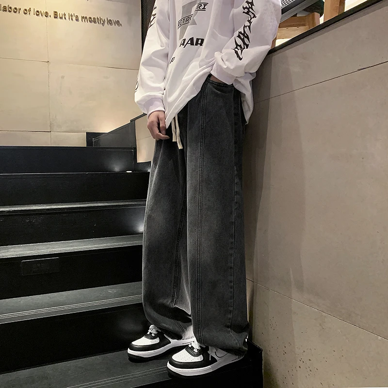 

2024 New Autumn Korean Fashion Drawstring Jeans Classic Demin Straight Wide Leg Pants Hip Hop Streetwear Casual Trouser Y101