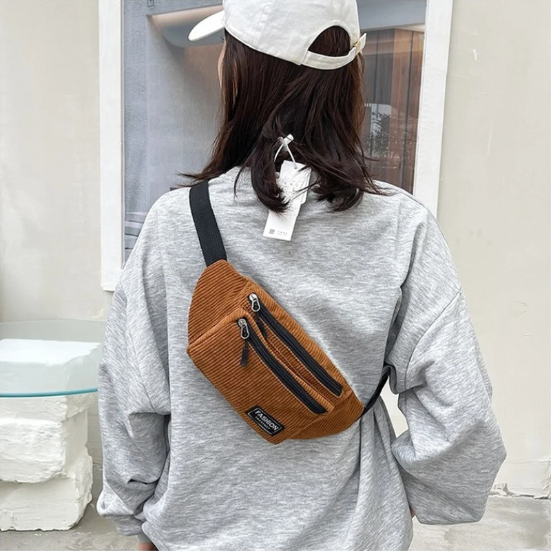 Corduroy Women\'s Waist Bag Small Canvas Ladies Casual Shoulder Crossbody Bags Fashion Fanny Pack Female Solid Color Chest Bag