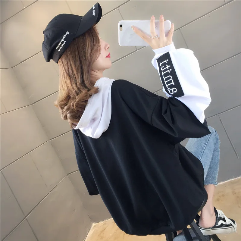 ZOUXO Hoodies Women 2022 Spring Autumn Paneled Long Sleeves Thin Hoodies Korean Style Loose Embroidered Top