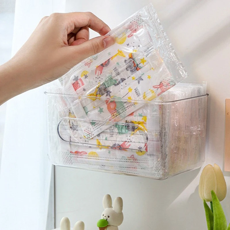 Transparent Storage Box Wall Mounted Tissue Box Large Capacity Disposable Mask Holder Free-punching for Home Office Entrance