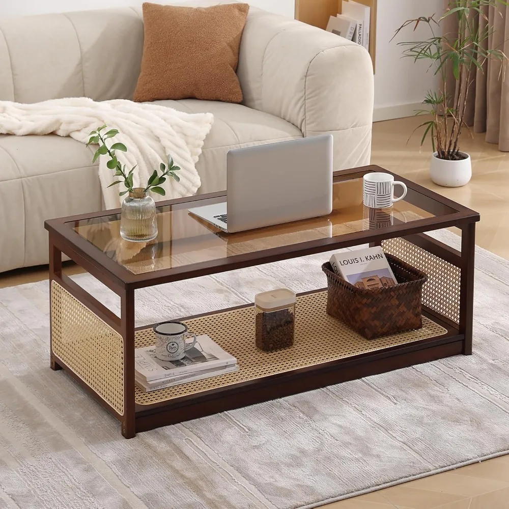 mesas de centro para sala de estar, mesa de centro moderna de 2 camadas, mesa de centro retangular de meados do século com prateleira de armazenamento