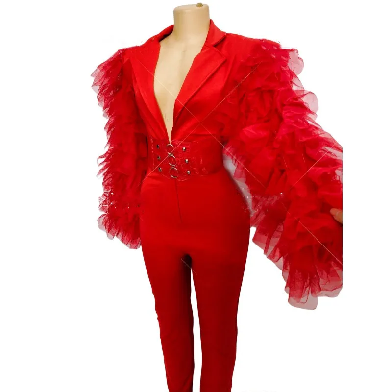 Women Singer Concert Stage Costume Red Puff Sleeve Bodycon Jumpsuit Birthday Prom Evening Celebrate Party Short Dress Bar Show