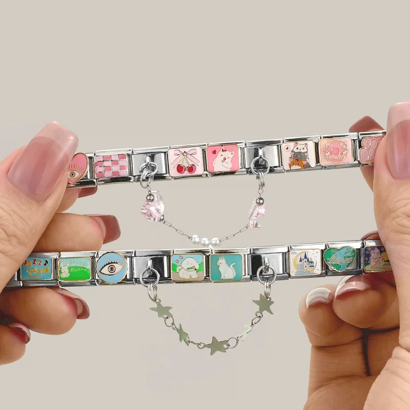 Y2K Cuore nero Stelle Farfalla Occhi Catena Ciondoli italiani Collegamenti Misura Bracciale da 9 mm Acciaio inossidabile Donna Gioielli fai da te Creazione di regali