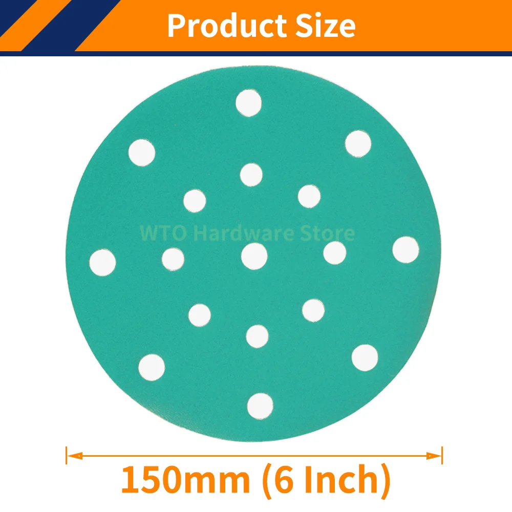 50PCS 6 Inch 17 Hole Sanding Disc, Hook and Loop Sandpaper 40-2000 Grit Green Film Sanding Discs for Automotive Paint Metal