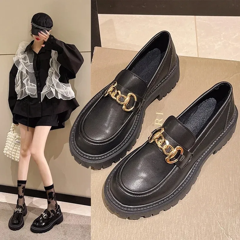 2024 Female Shoes Women Fashion  Round Toe Flats Loafers Oxfords Platform Casual Metal Chain Buckle Ladies Heels Black