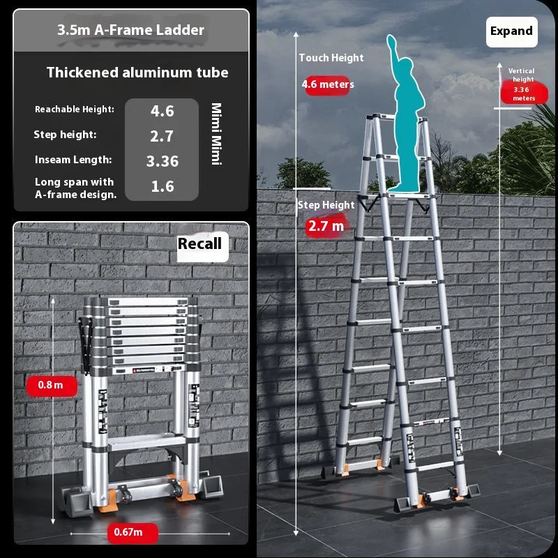 سلم متعرج سميك من سبائك الألومنيوم سلم متداخل الأجزاء سلم هندسي منزلي متعدد الوظائف رفع داخلي