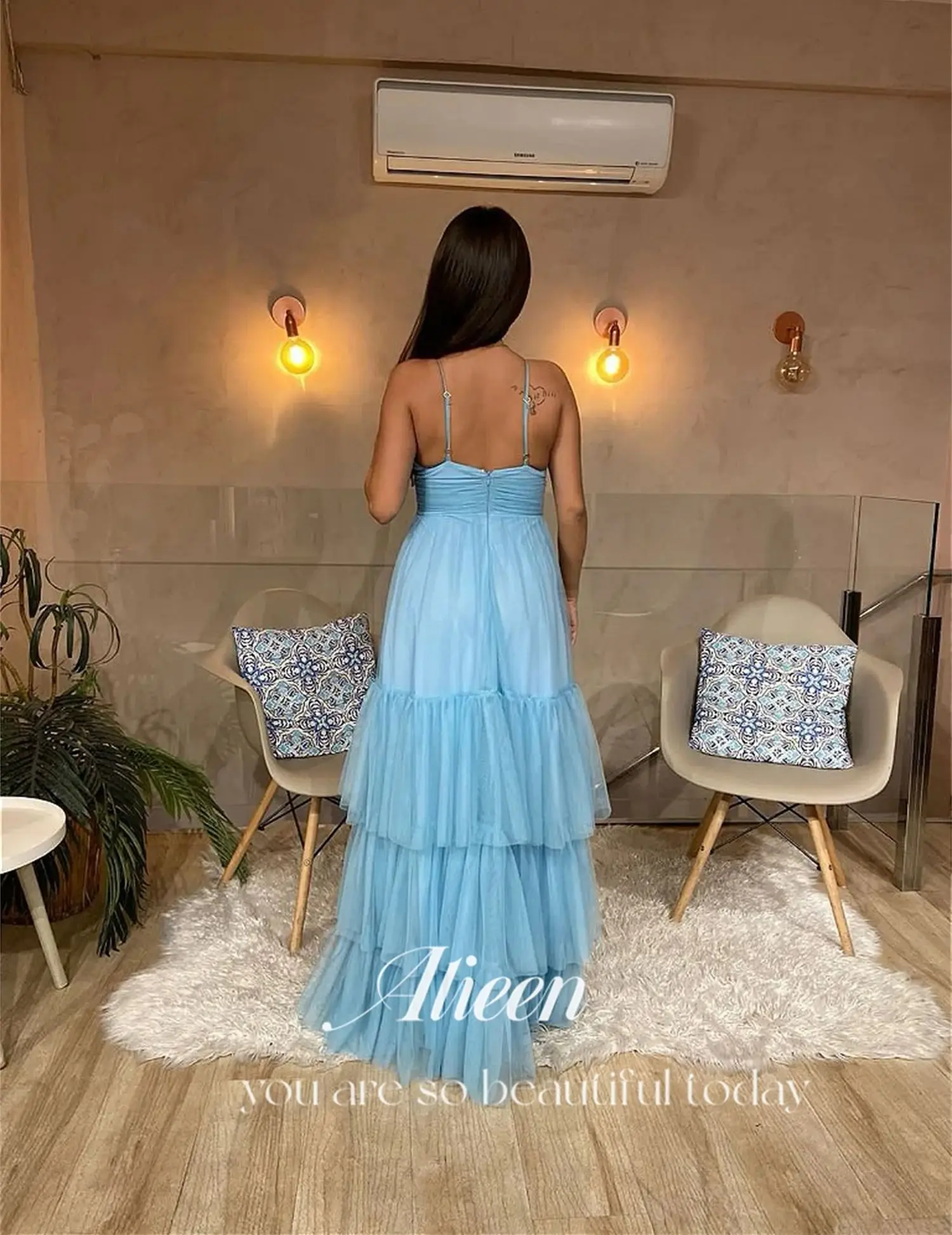 Aileen Multi-layer Light Blue Backless V-neck Wedding Dress Women Elegant Party Brand Dresses for Formal Occasions Prom Gown