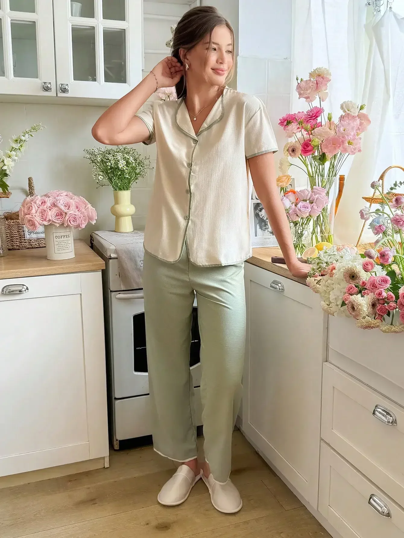 

Snug Reverie Women Ribbed Trim Single-Breasted Short Sleeve Top And Pants Pajama Set Lounge Set