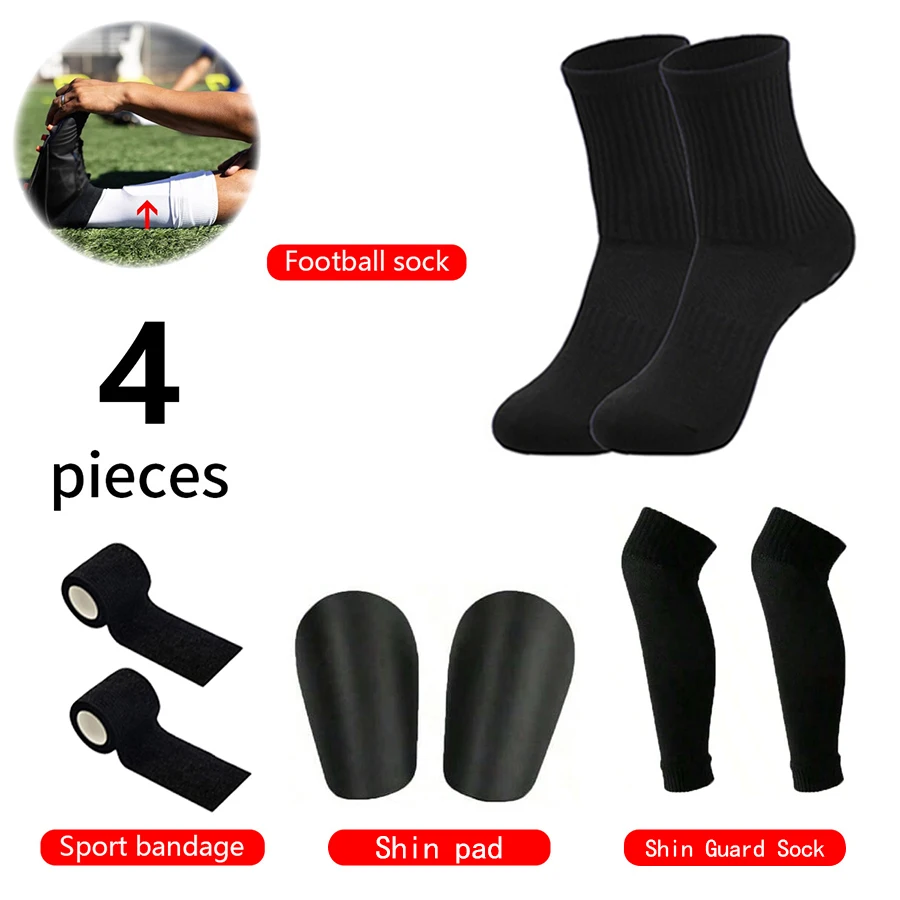 4-teiliges Set für Herren und Damen, Sport, rutschfeste Fußballsocken, Schienbeinschoner, Sportbandagen, Elastizität, Legging, Abdeckungshülse