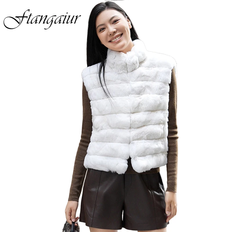 Ftangaiur Winter Import Pure White Cyan Blue Chinchilla Vest Coat O-Neck Women Upscale Natural Color Chinchilla Fur Vest Coats