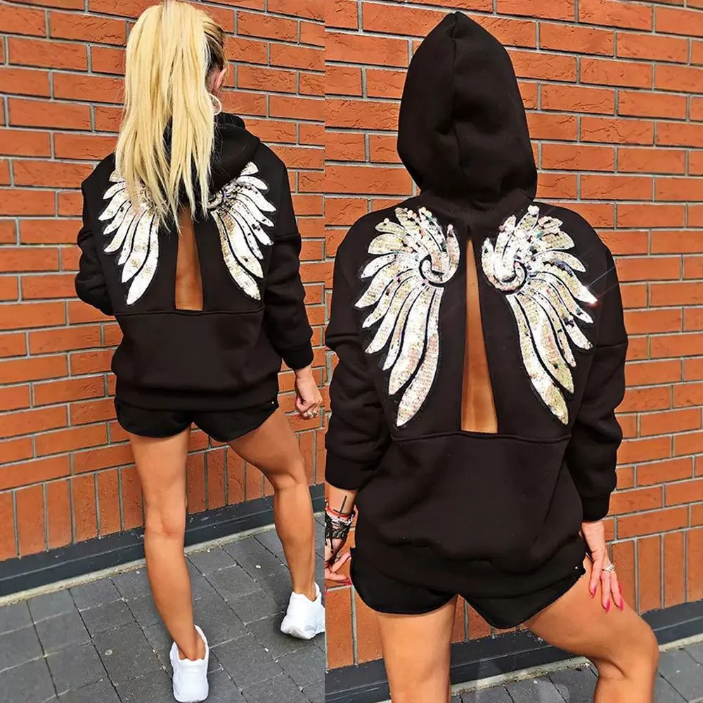 

2 Piece Sets Women Sequin Wings Pattern Back Slit Long Sleeve Hooded Sweatshirt & Casual Daily Shorts Suit Outfits 2024 Spring