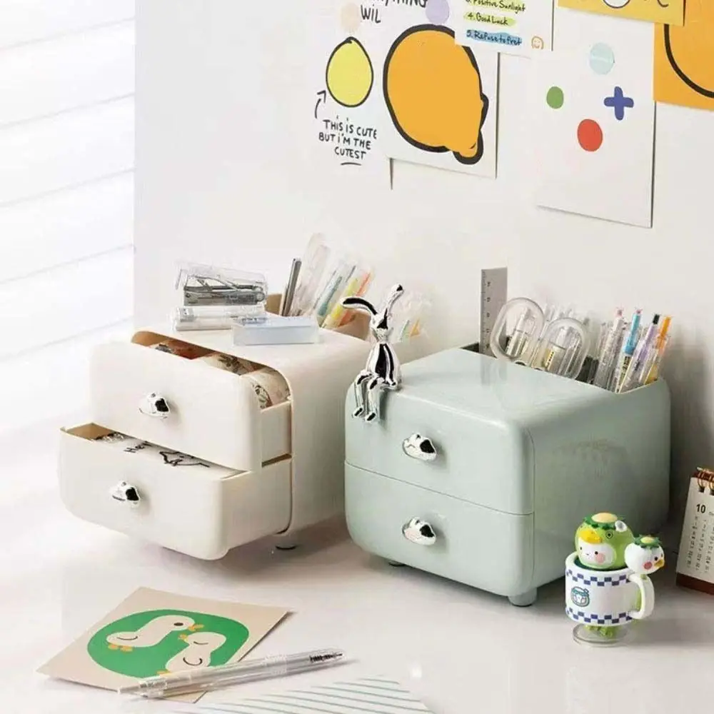 Multifunction Desktop Organizer Shelf Large Capacity Double Drawer Pen Holder Cream Color Display Desktop Organizer Home Use