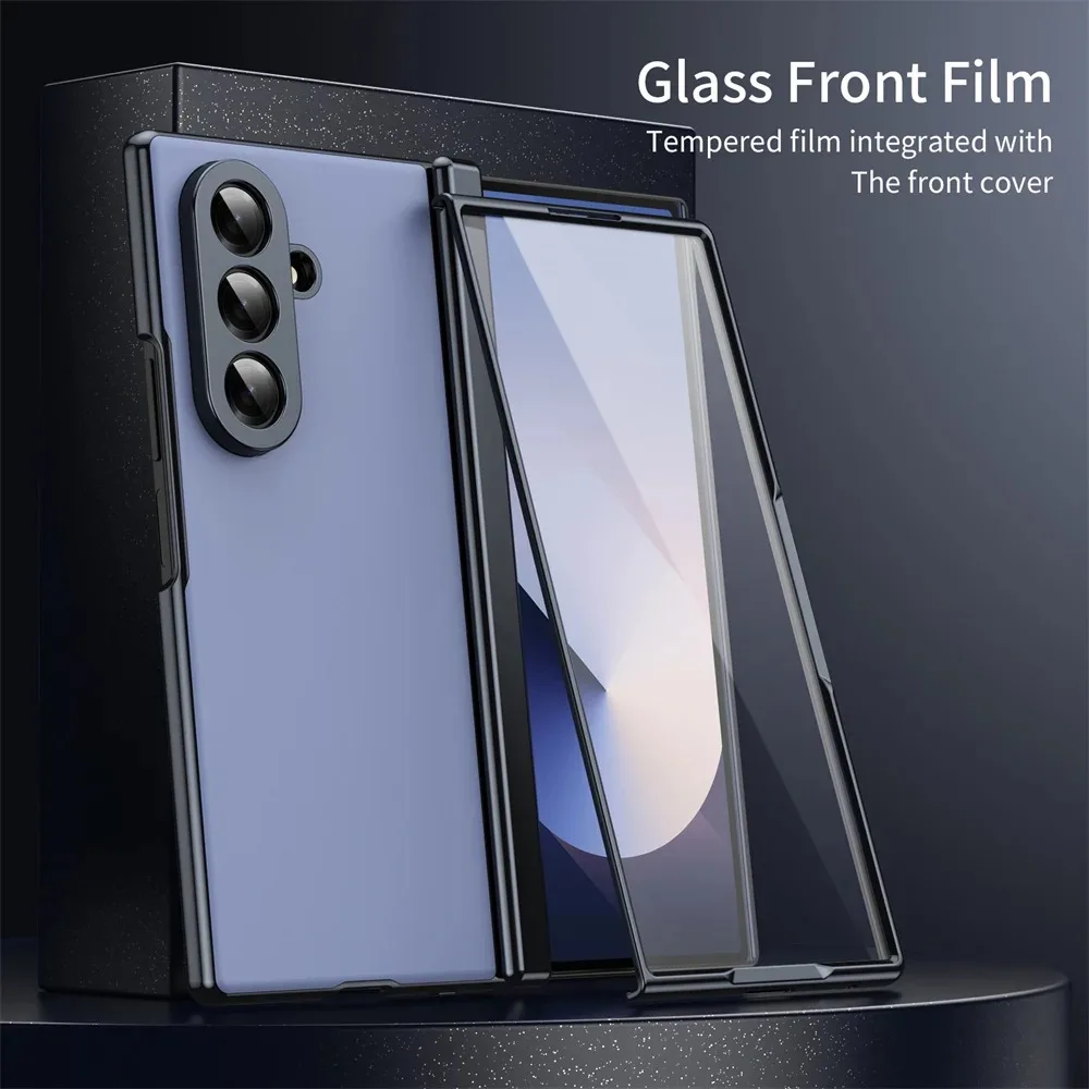 Tempered Glass Screen Film Hinge Protection Phone Case SuitableFor Samsung Z Fold 7 6 5 4 3 Solid Color Plating Shockproof Cover
