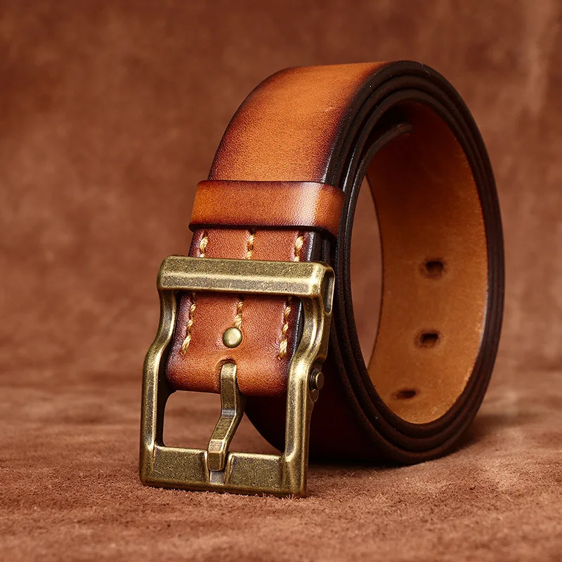 3.8CM High Quality Retro Luxury Male Strap  Thick Cowhide Copper Buckle Genuine Leather for Men's  Casual Jeans Belt Man