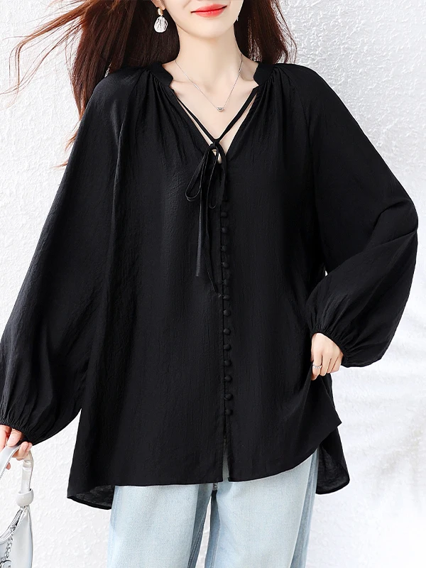 Loose Black V-Neck Shirt 2026 Early Autumn Single Button Lantern Sleeve Belted Casual Style Women's Top Fashionable Meat Conc...