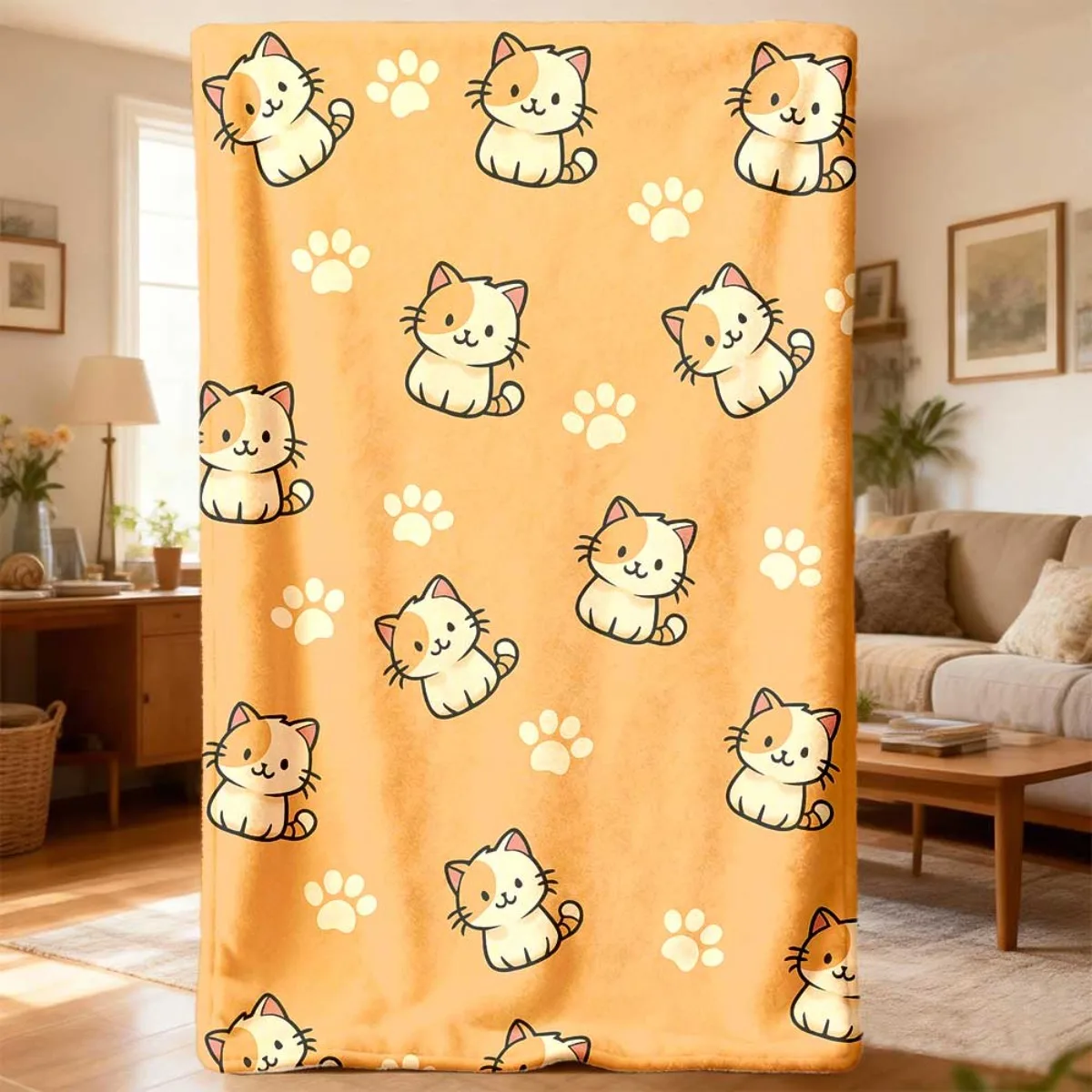 Cute Cat Paw Print Throw Blanket Mustard Yellow Kitten Pet Animal Cozy Decor Throw for Couch Bedding Nursery Gift Throw Wrap