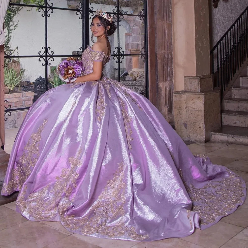 

Purple Charro Quinceanera Dresses Ball Gown Off The Shoulder Appliques Sparkly Mexican Sweet 16 Dresses 15 Anos