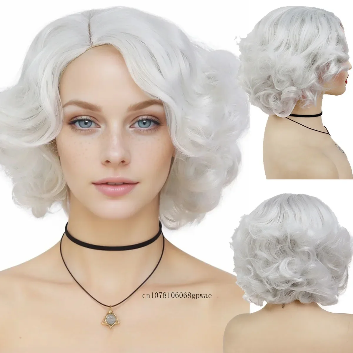 

Grey White Curly Synthetic Short Big Wavy Wigs for Women Heat Resistant Layered Old Lady Wig Halloween Cosplay Daily Costume