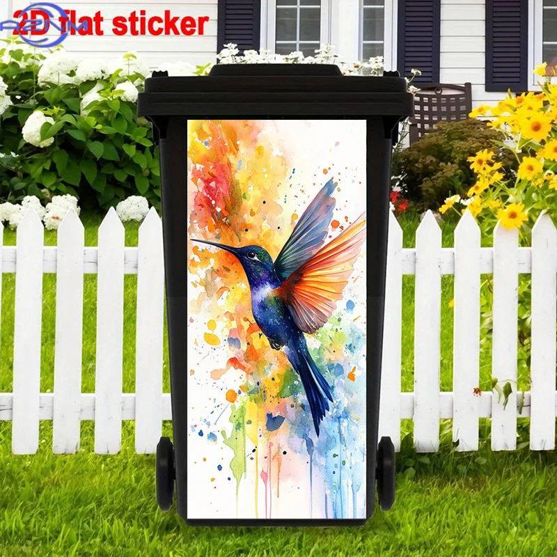 Watercolor Hummingbird Trash Can Stickers Painting, Vibrant Colors Self-Adhesive Stickers, Artistic Design Trash Can Stickers