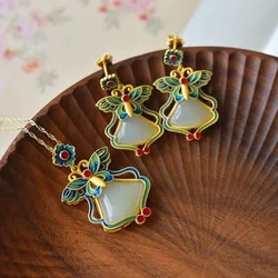 Inspiration Design Natural Hetian Jade Enamel Porcelain Geometric Necklace Pendant Earrings Vintage Chinese Jewelry for Women