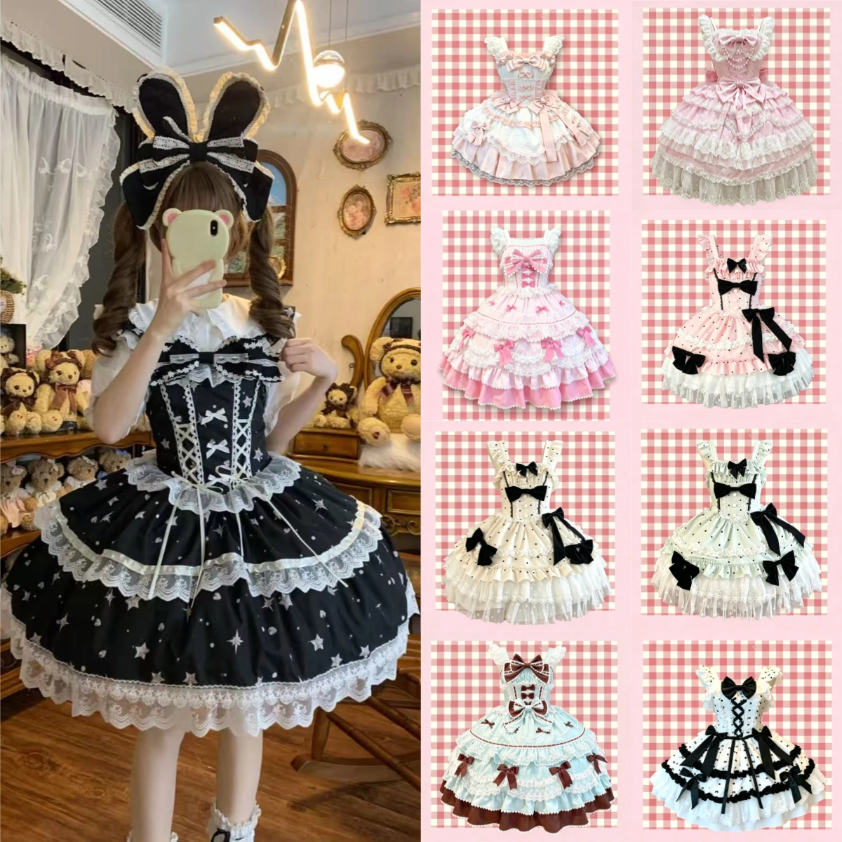 Süßes Retro Gothic Strap Lolita Minikleid Damen Spitze Rüschen Ärmellos Prinzessinnen-Modekleid Party Damenmode