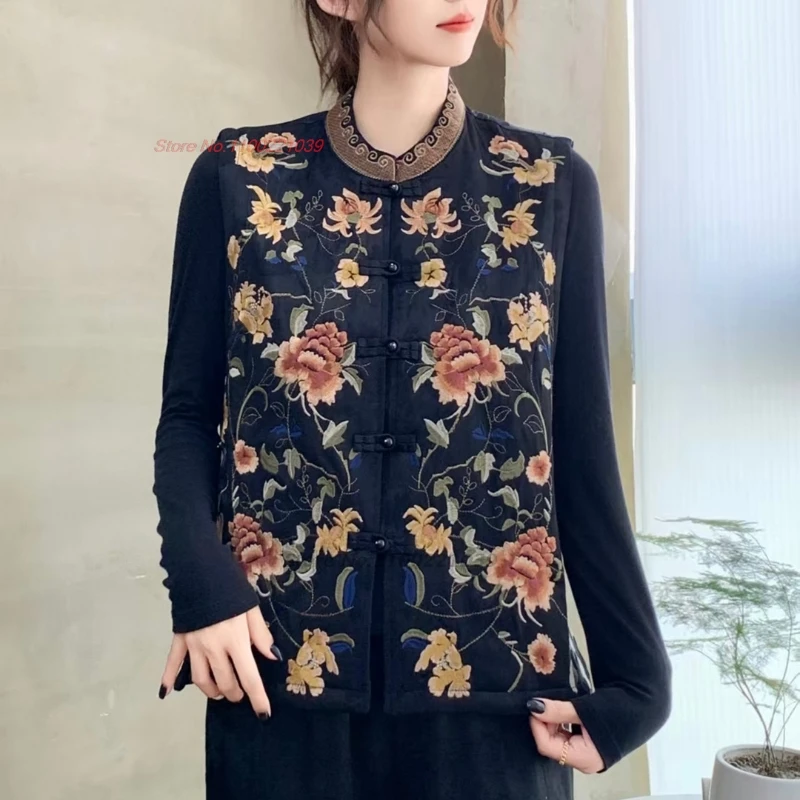 

2025 chinese vintage satin jacquard cotton-padded vest traditional flower embroidery stand collar vest retro sleeveless jacket