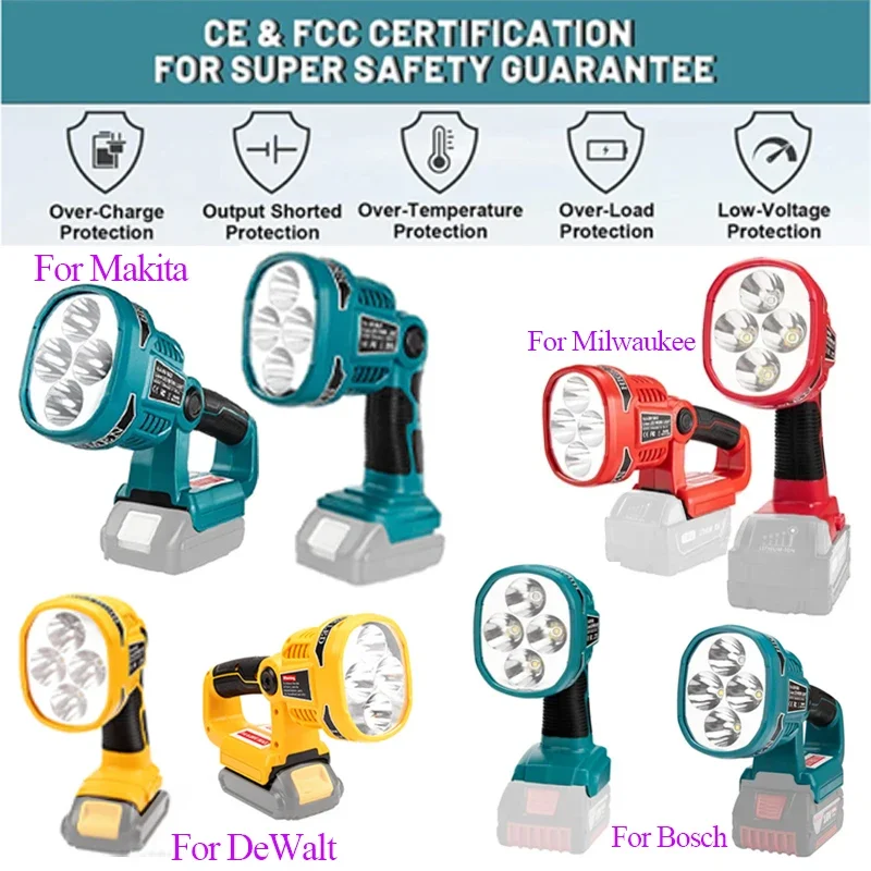 LED Warning Spot Light Work Lamp Flashlight Torch For Makita For Bosch For DeWalt For Milwaukee For Black Decker Li-ion Battery