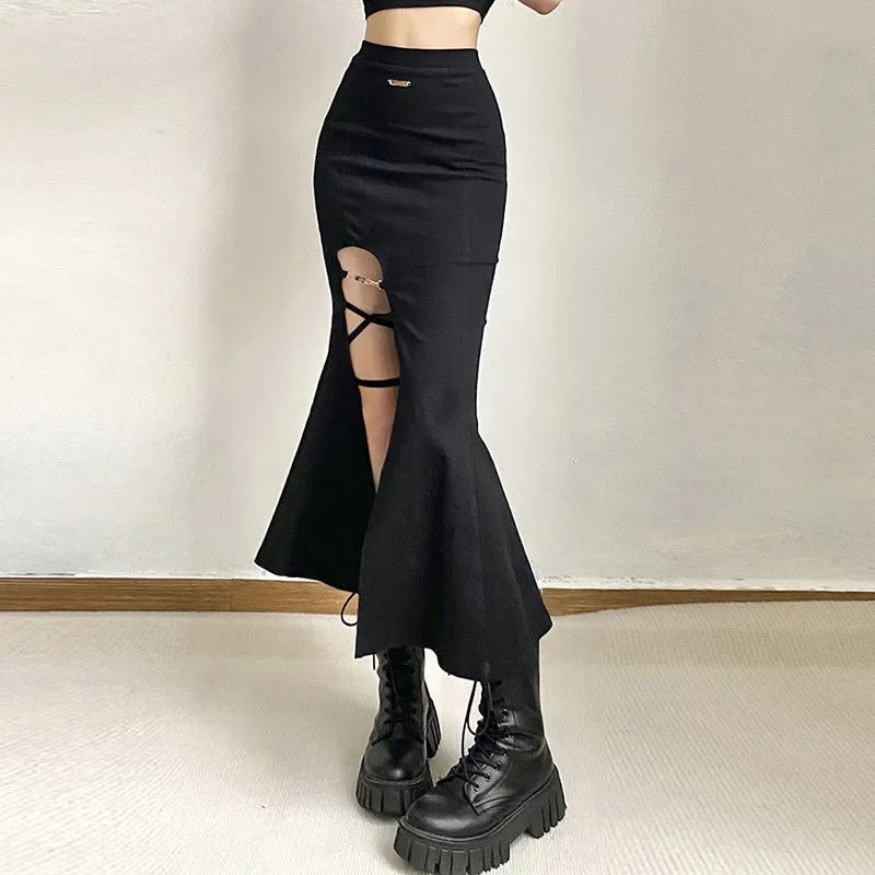 Black Sexy Mysterious Royal Sister All-Match High Street Design Trend Mature Cool Slit Women's Flared Skirt Girl long skirts