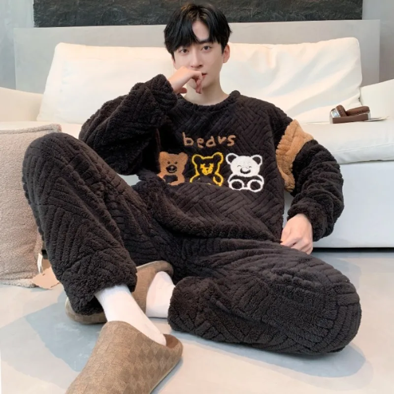 

L-5XL Large Size Winter Pajamas Set Men Korean Cartoon Flannel Sleepwear Thickened Plush Loungewear Coral Fleece Home Clothes