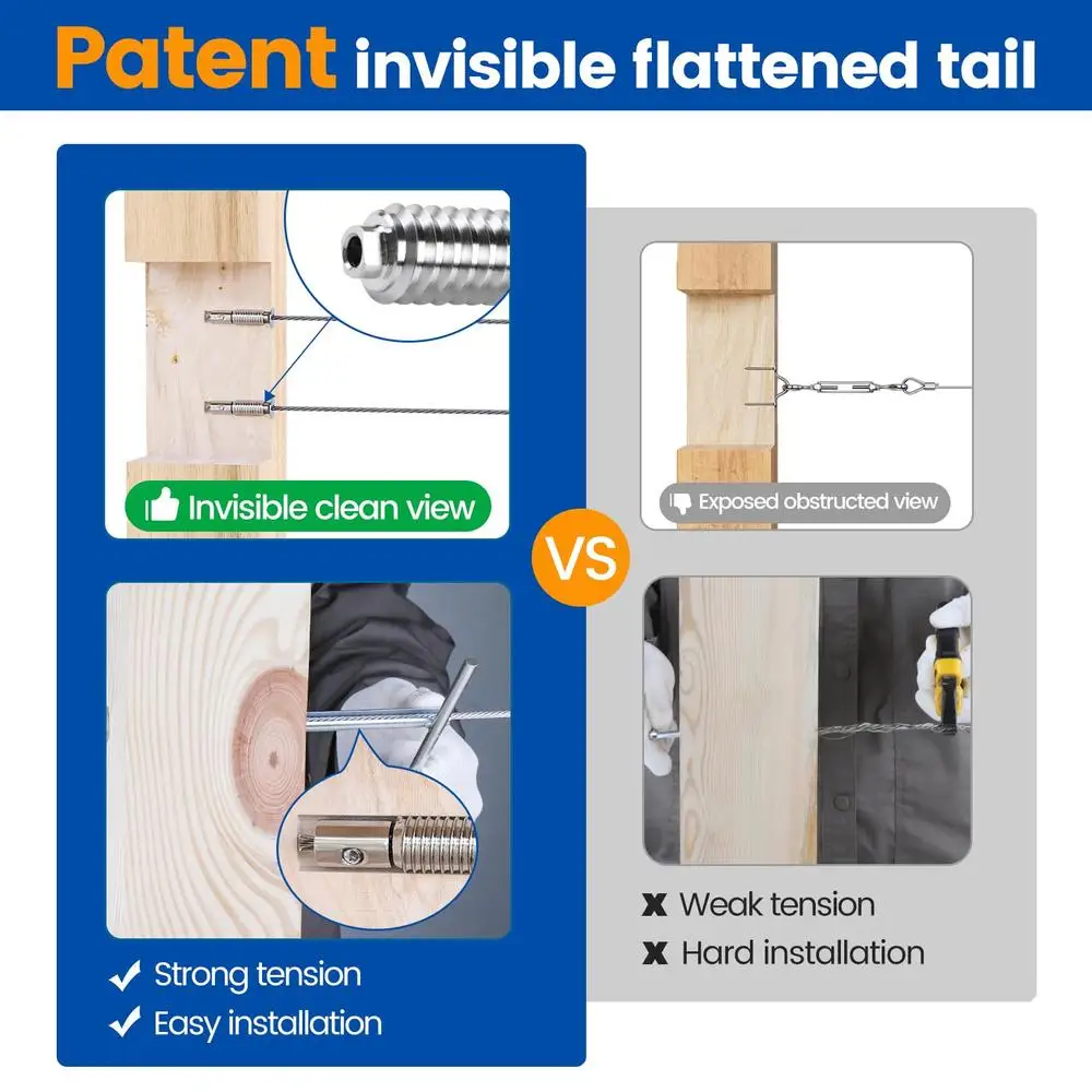 Kit de barandilla de cable invisible Casquillos tensores Solución de esquina de acero inoxidable Nivel 4x4 en ángulo T316 Reutilizable sin botín Paquete de 20