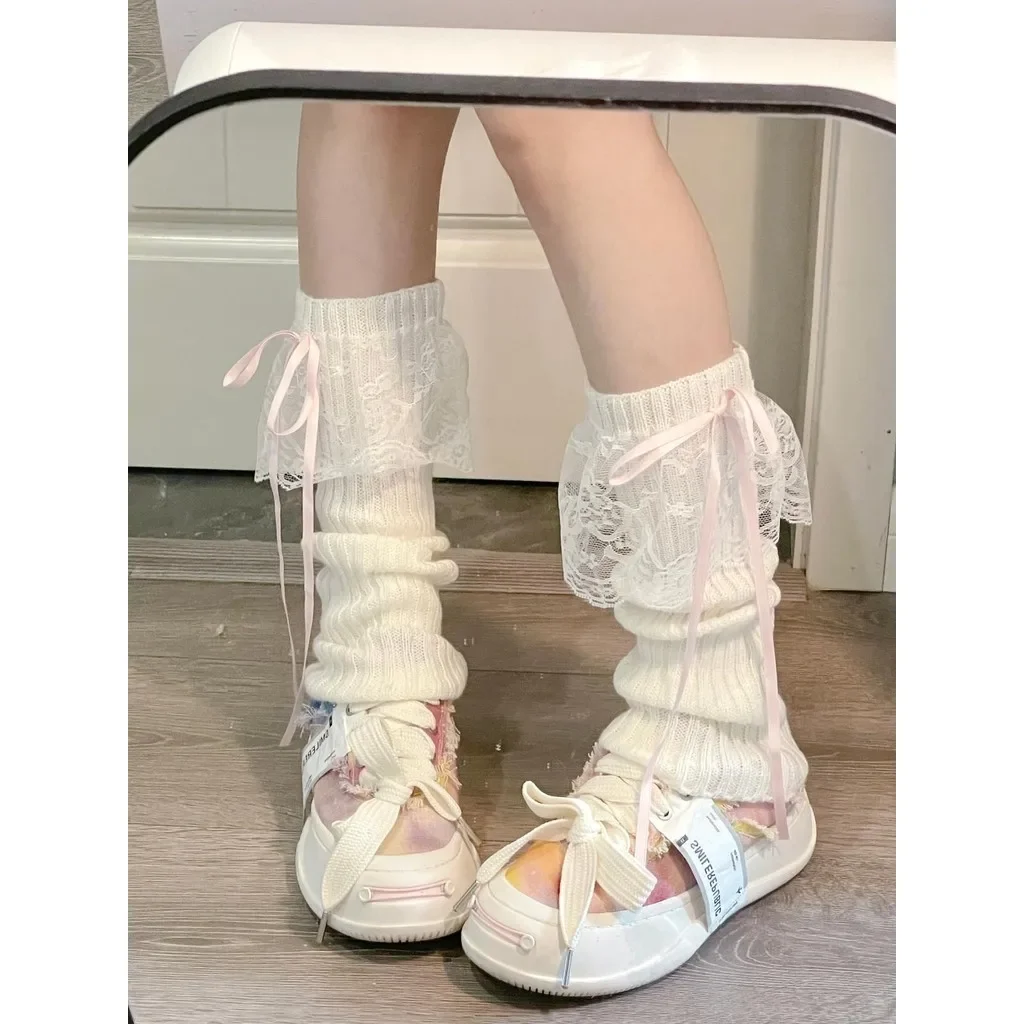 Japanese Y2K Lolita Girls Lace Bow Leg Warmers Women Calf Warmer Knitted Streamer Leg Covers JK Bow Princess Style Slouch Socks