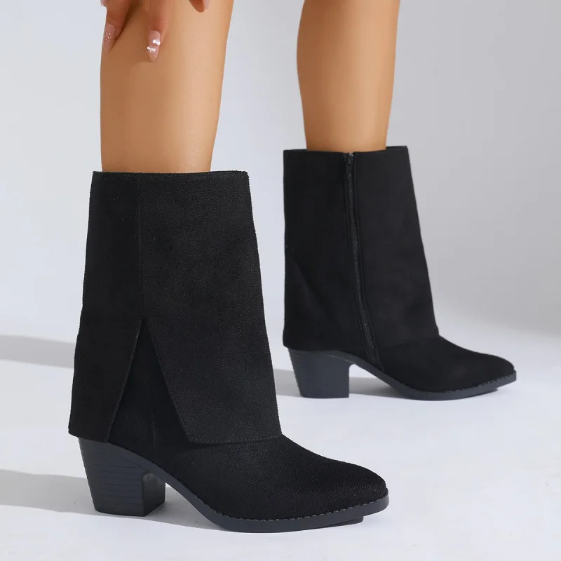 

Women's Large Size Chunky Heel Black Ankle Boots 2025 New Autumn and Winter Double-Layer Mid-Calf Boots