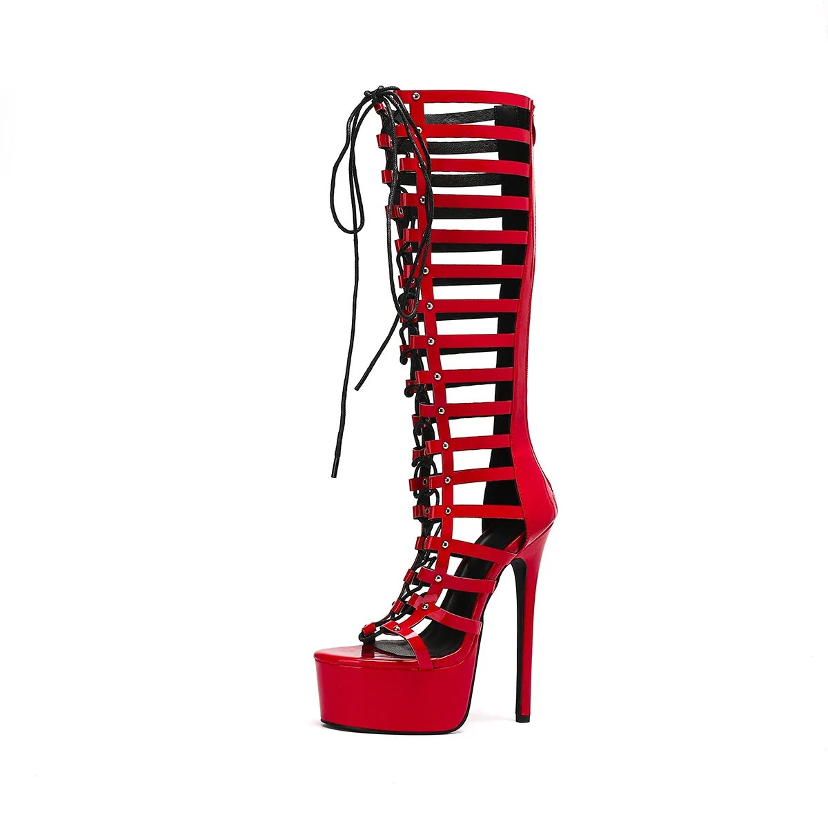 Aneikeh Fashion Cross Lace Up Zipper Hollow Out Red Sexy Ultra High Heel Long Boots Sandals Women Nightclub Platform Pumps Shoes view 5