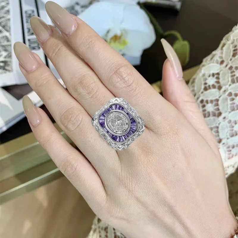 خمر 925 الفضة يتوهم قطع G اللون عالية الكربون البيضاوي خاتم الماس الأرجواني الياقوت وسادة فنجر الفرقة الفاخرة مجوهرات النساء هدية #2