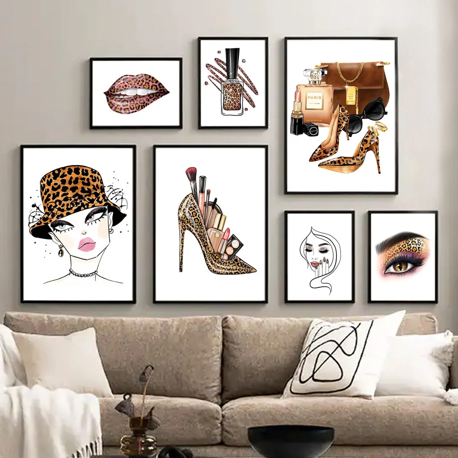 Paris Fashion Leopard Print Women High heels Cosmetics Poster Wall Art Canvas Painting Nail Polis Wall Picture Living Room Decor