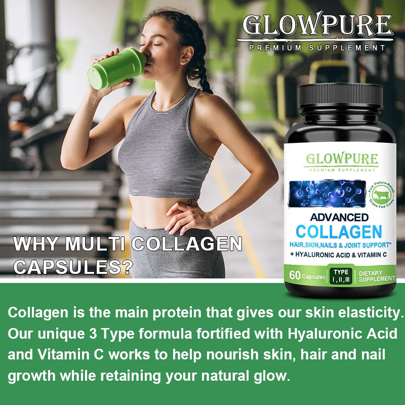 Collagen Peptides Capsules Antioxidant for Skin Anti-aging, Hair, Joint Bone Health with Hyaluronic Acid, Vitamin C Supplement