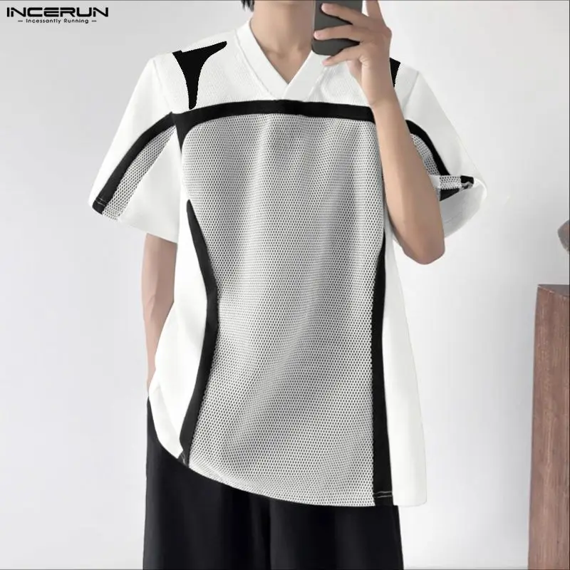 

INCERUN Men T Shirt Patchwork V Neck Short Sleeve Casual Male Tee Tops Streetwear Loose Color-block Fashion Men Clothing S-5XL