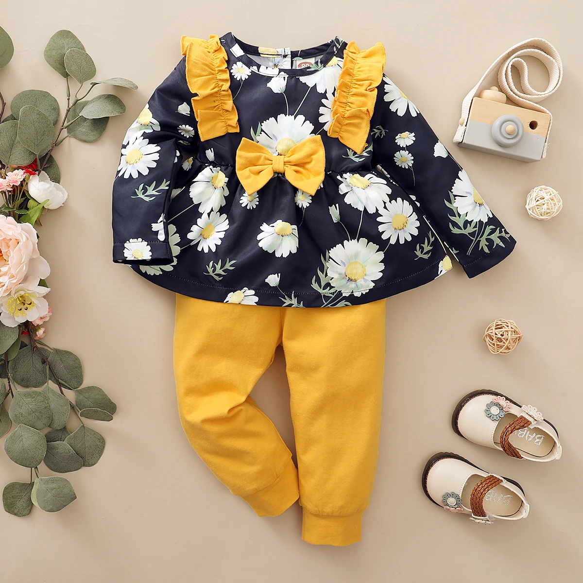 2PCS Clothes Set Toddler Girl Flower Long Sleeved Top with Bow+Pants Spring and Autumn Fashion Outfits for Kids Girl 1-4Years