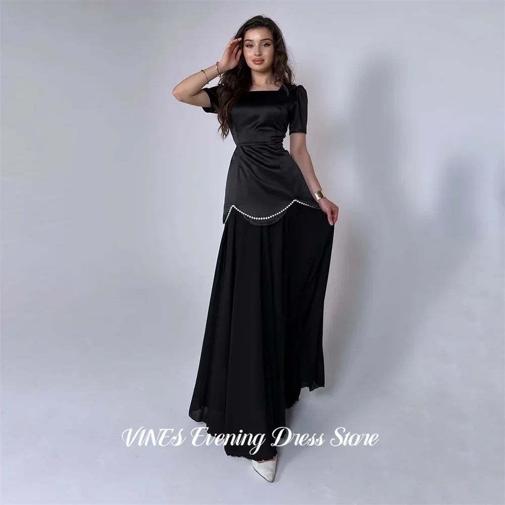 

VINES Black Short Sleeves Party Dress Pearl Beaded Scalloped Evening Dresses Square Neck فساتين السهرة Customized