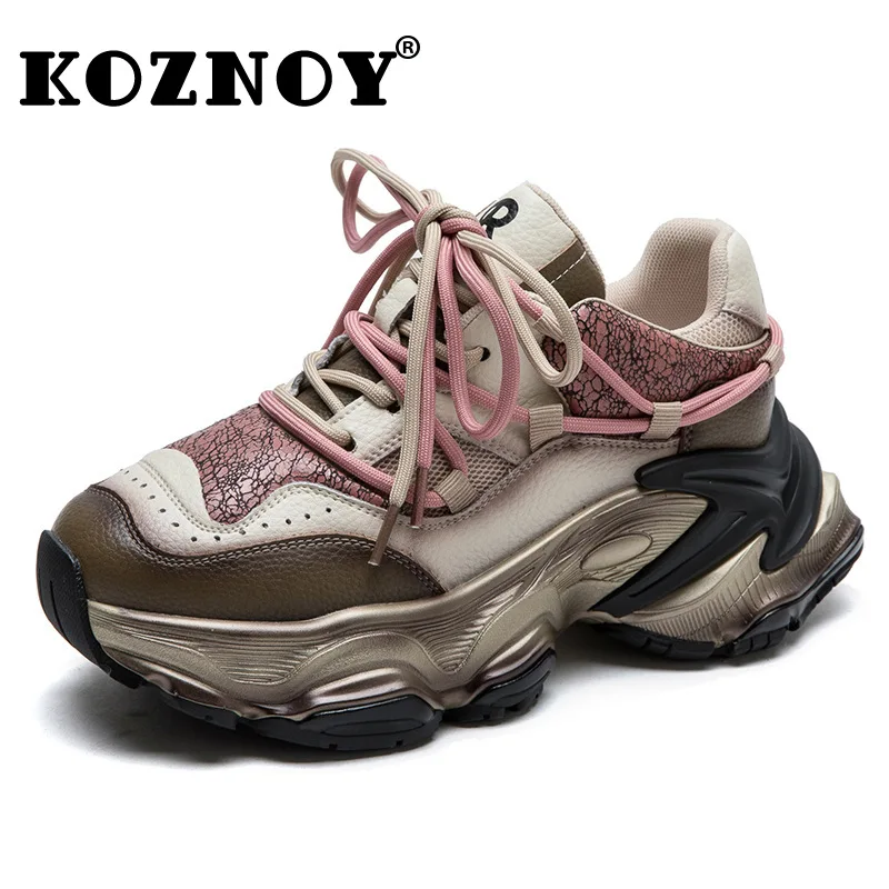 Koznoy 6cm Air Mesh Genuine Leather Mixed Color Ankle Boots Flats Booties Autumn Women Chunky Sneaker Comfy Spring Summer Shoes