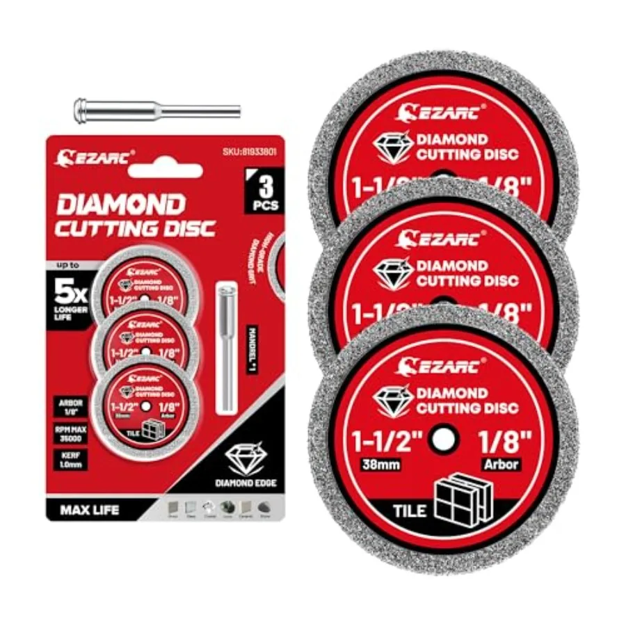

1-1/2 Diamond Cutting Wheel 1.5" x 1/8" Tile Cutting Wheel Durable 4-Pack Rotary Tool Cutting Disc Accessories Include Mandrel