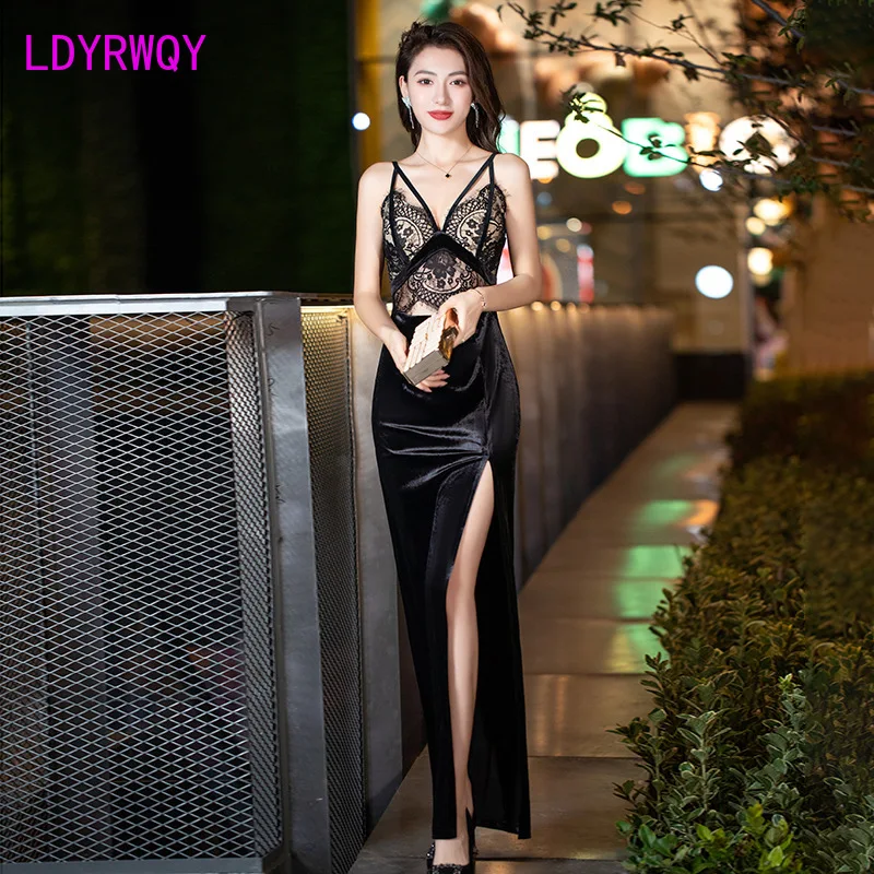 

2022 Sexy low-cut Lace spliced halter belt Femininity slit floor-sweeping dress Office Lady Sheath Zippers