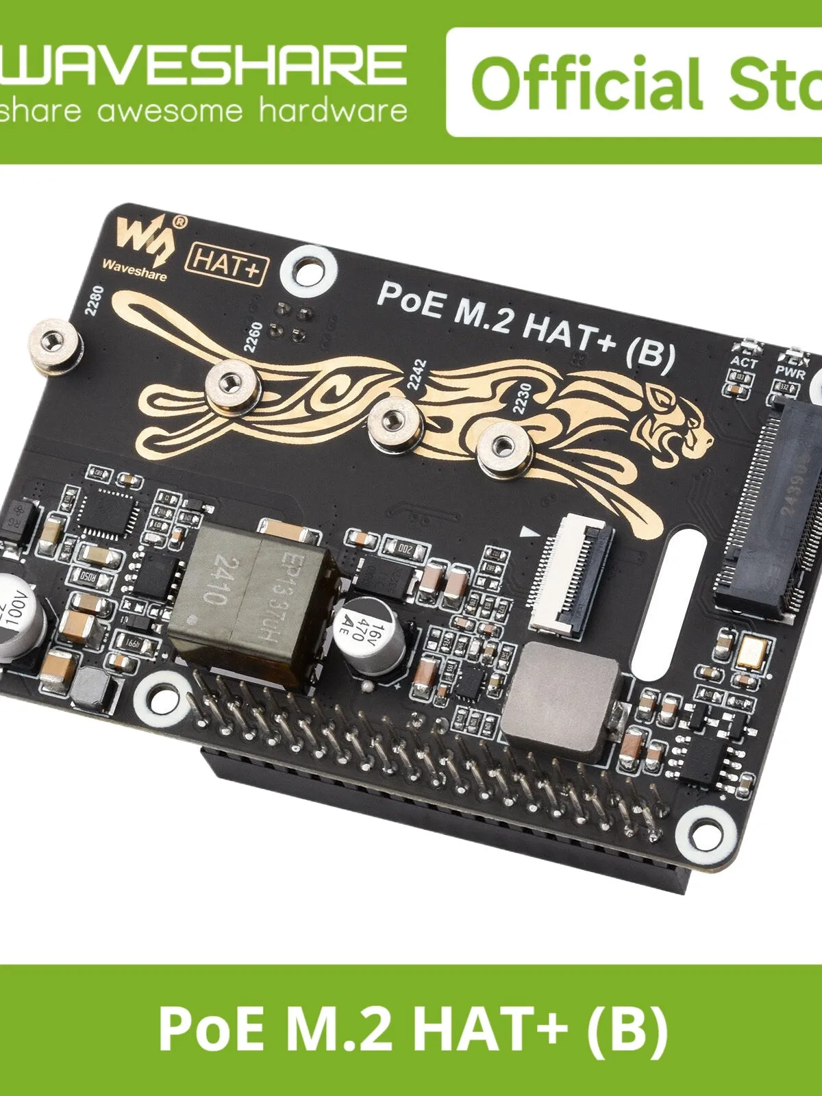 Adapter Waveshare PCIe do M.2 z funkcją PoE (B) dla Raspberry Pi 5, obsługuje szybką transmisję danych z dysków SSD M.2 zgodnych z protokołem NVMe. — zdjęcie produktu 7