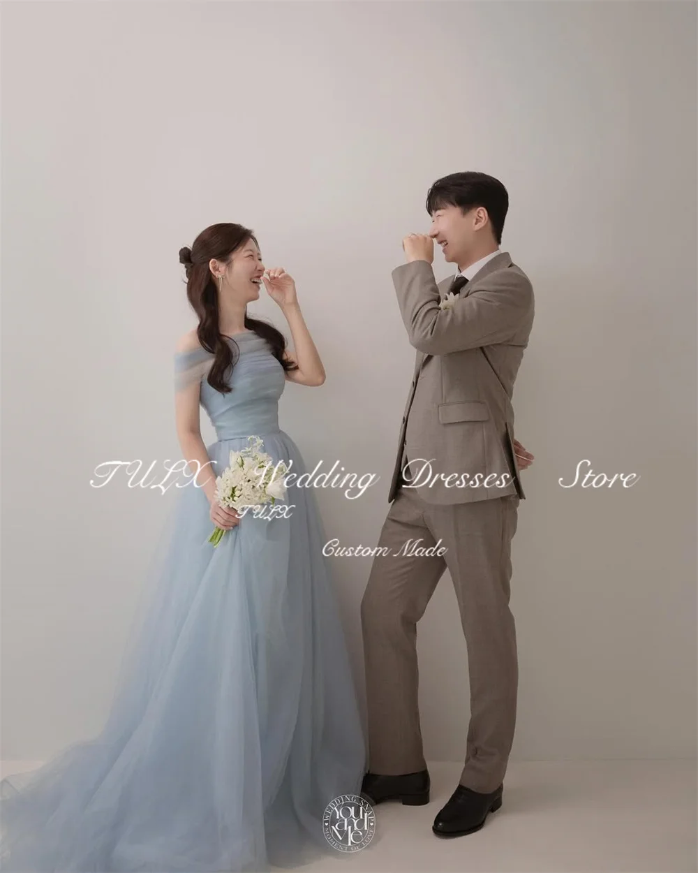 TULX Fairy Blue Tulle A line Long Evening Dress Korea Wedding Photo Shoot Strapless With Shawl Party Dress Corset Customized