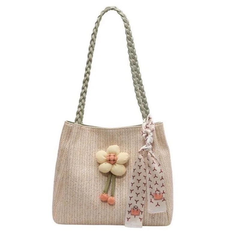 

Woven Straw Bag For Women Fashion One Shoulder Bags Handbag Hemp Woman's Tote Bag Zip Bag Ribbon Leisure Female Handbags