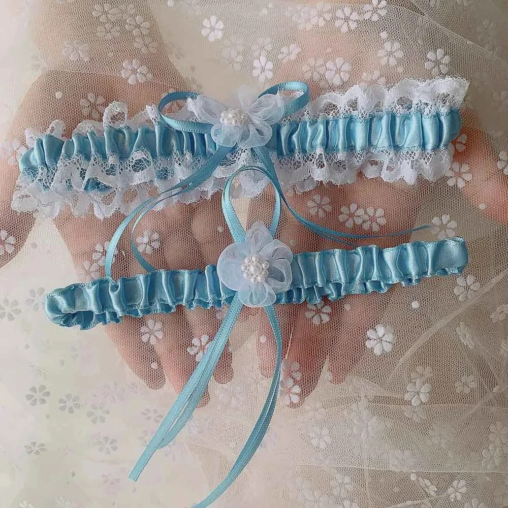 Sky Blue Wedding Garter Bridal Shower Bride Keepsake  Lace Pearls Bow Women Ladies Garter Night Supply