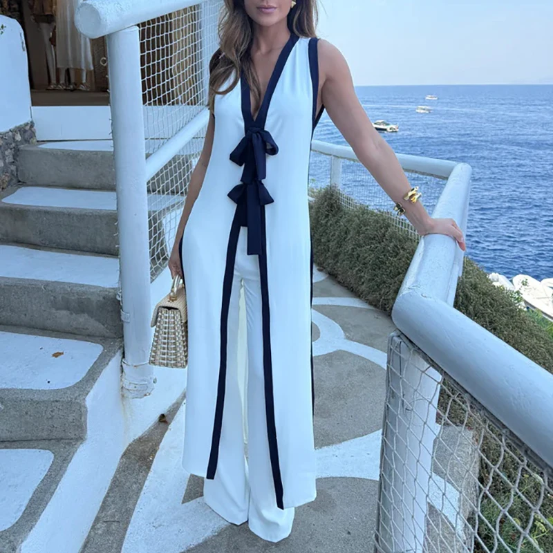 

Color blocking design summer women's set deep V-sleeveless lace up top+pants two-piece set daily street casual loose suit